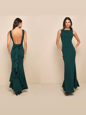 LuLus Exquisite Refinement Emerald Backless Bow Ruffled Maxi Dress